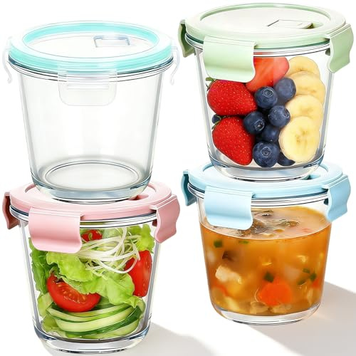 4Pcs Contenitori Vetro con Coperchio Ermetici, Contenitore Zuppa Alimenti Borosilicato Rotondi 720ml, Bicchieri Meal Prep Ciotole Zuppe Rotondo Senza BPA per Frigorifero Lavastoviglie Forno Microonde