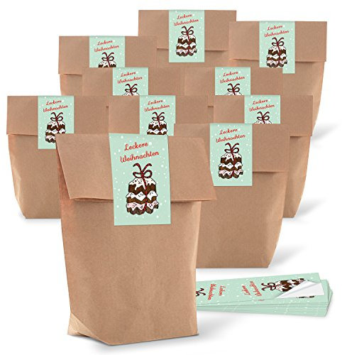 Logbuch-Verlag 10 weihnachtliche Geschenktüten + Sticker LECKERE WEIHNACHTEN - Verpackung kleine Geschenke zu Weihnachten 14 x 22 x 5,6 cm Kraftpapier