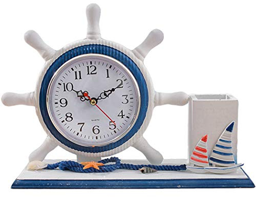 SWHONG Orologio da Timone Nautico Shabby Chic per Nave con Portapenne Orologio da Scrivania in Legno per Uomo con Design Antiscivolo Art Ornament