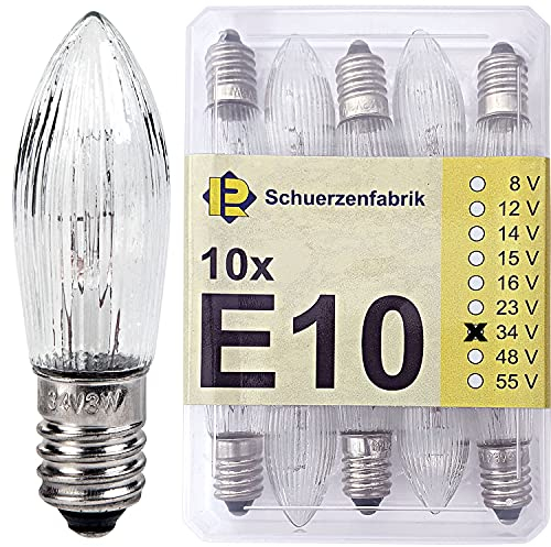 Schuerzenfabrik 10x Spitzkerze E10 34V 3W Ersatzbirnen 2700K Glühbirnen Topkerze für Lichterkette und Schwippbögen