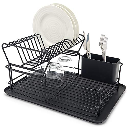 simplywire – Two Tier Dish Drainer – Removable Plate Drying Rack & Cutlery Holder - Black Plastic Coated Steel