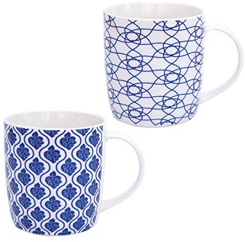 Flanacom Lot de 2 tasses à café Boho - grande tasse 300 ml design oriental - tasses à thé marocaines avec impression fine - céramique lavable au lave-vaisselle - cadeau femme mère (Design 4 Bleu (2))