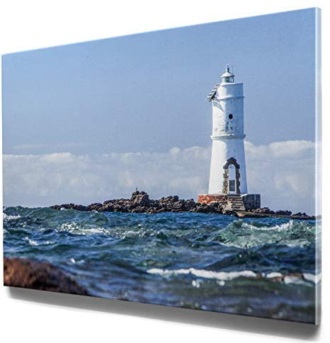 Panorama Leinwand, Leuchtturm, Sardinien - als 150x50cm großes XXL Leinwandbild. Wandbild als Hintergrund und Deko für Wohnzimmer & Schlafzimmer. Aufgespannt auf 2cm Holzrahmen
