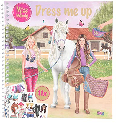 Depesche 11498 Miss Melody - Dress me up, Mal- und Stickerbuch mit 24 Seiten und 11 Stickerbögen, ca. 17,8 x 19 cm groß, zum Kreieren toller Outfits für Reiter und Pferd