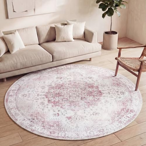 FRAAI | Home & Living Vintage Teppich Rund - Lago Rot Rosa - Ø 160 cm - Baumwolle, Polyester - Flachgewebe - Vintage - Orientalisch - Wohnzimmer, Esszimmer, Schlafzimmer