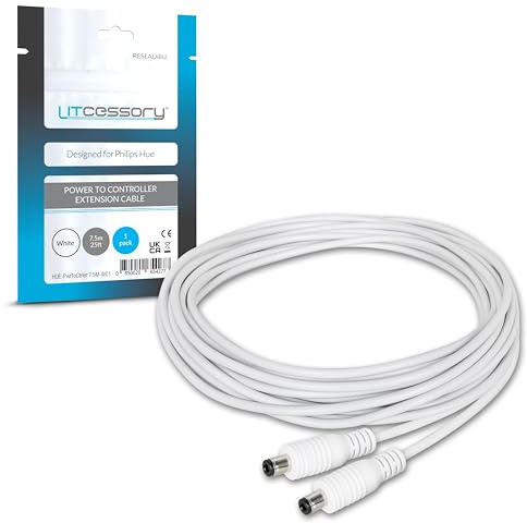 Litcessory Power to Controller Extension Cable for Philips Hue Lightstrip Plus/Gradient, NOT for Solo & Omniglow Lightstrip (25ft, 1 Pack, White)