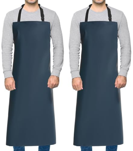 Homsolver 2 Pack Waterproof Rubber Vinyl Apron Chemical Resistant Work Apron with Adjustable Plastic Aprons Butcher for Dishwashing (Blue Aprons without Pockets)