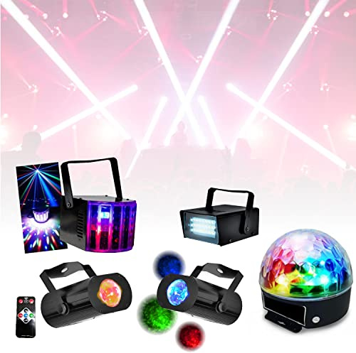 Party Light & Sound - Ensemble de 5 Jeux de Lumière Party Stroboscope effet Derby Astro - 2 Miniwave Télécommande - Soirée Anniversaire Fête