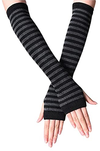 B-HOT Warmer Fingerless Gloves Stretchy Knit Thumb Hole Sun Protection Long Arm Stripe Glove