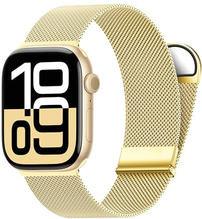 Higgs Ersättningsarmband kompatibelt med Apple Watch-armband 44 mm, 45 mm, 42 mm, för dam/herr, dubbelt magnetiskt justerbart armband för iWatch Series 8 7 6 SE 5 4 3 2 1, guld, slät rostfritt stål metall