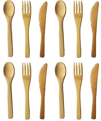 4 Sets Total 12 Pieces Bamboo Utensils Bamboo Tableware Bamboo Cutlery Set Portable Travel Flatware Contains Fork Spoon Knife, for Home Office Picnic Use