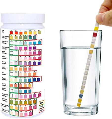 Mioloe Trinkwasser Tester, 16 in 1 Wasser Test Streifen Test Streifen für Leitungswasser Qualität Test Kit für Gesamthärte, freies Chlor, Eisen, Kupfer, Blei, Nitrat Niveaus (100PCS)