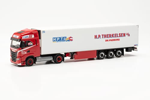 Herpa LKW Modell Iveco S-Way LNG Kühlkoffer-Sattelzug H.P.Therkelsen, Miniatur im Maßstab 1:87, Sammlerstück, Made in Germany, aus Kunststoff