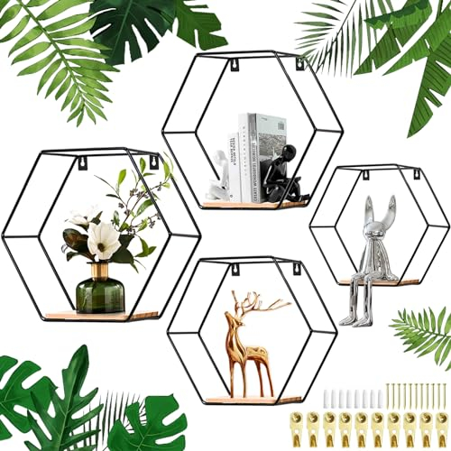 SAMISO Wandregal-Set,4 Stück Set Wandregal Schwarz,Wandregal Metall Set mit Holzsockel,Hexagon Wandregal Metall Schwarz,Metallregal Wand Regal für Wanddeko in Wohnzimmer,Regal Wand Deko Wohnzimmer