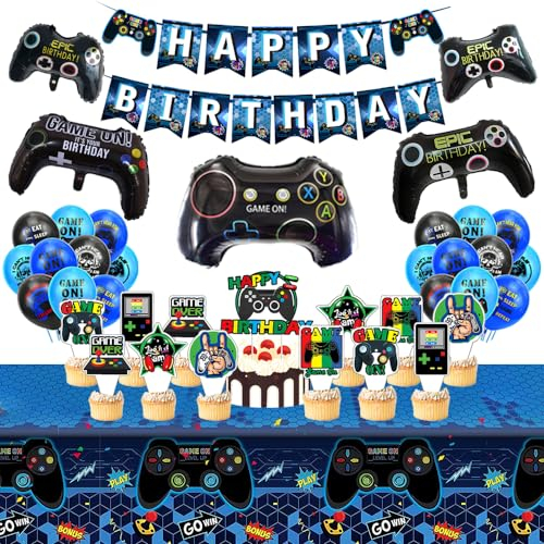 CXRYLZ-FUR Gaming Geburtstagsdeko , Blau Gamer Geburtstag Party Set, Zocker Happy Birthday Banner Tischdeko Cake Topper Zubehör Gamepad Folie Ballons Und Tischabdeckung
