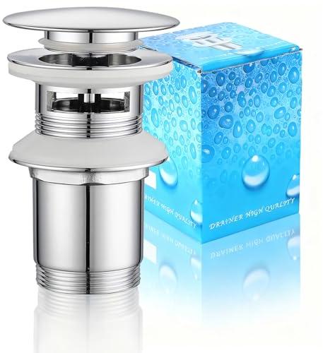 Chrom Pop-Up Ablaufventil, Universal Ablaufventil Waschbecken mit Siebkörbchen, Messing Anti Clogging Sieb Waschbe Pop-Up Click Clack Ventil - G 1¼ für Waschbecken Waschtisch (Überlauf)