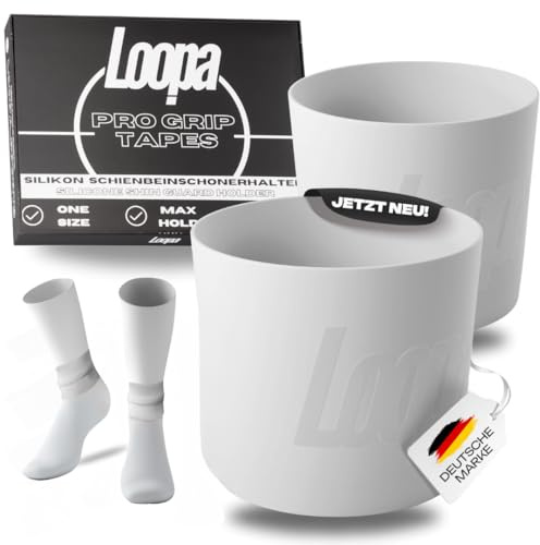 Loopa Pro Grip Tapes Fußball Schienbeinschonerhalter aus hochwertigem Silikon für Herren, Damen & Kinder (ab12J.) | Fußball Stutzenhalter | Shin Guard Holder | Shin Pad Stay (White)