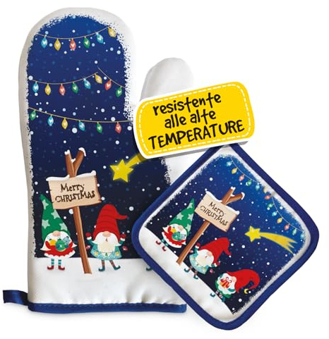 Set Guanto Forno e Presina Natalizia, Idee Regalo Natale Donna, Mamma e Nonna, Utili ed Originali per la Casa e Cucina, Personalizzati Con Illustrazione Originale Elfi Merry Christmas
