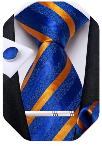 DiBanGu Mens Striped Tie Silk Woven Necktie and Pocket Square Cufflinks Tie Clip Set Wedding Business Formal, Blue and Orange