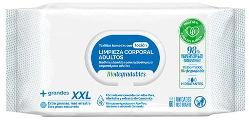 Acan Tradineur - Toallitas húmedas con loción XXL, Limpieza Corporal Adultos, Desechables, biodegradables, Suaves, hidratantes, enriquecidas con Aloe Vera y camomila, 60 uds