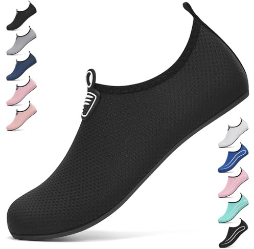 BARFULKER Badeschuhe Damen Herren Wasserschuhe Neoprenschuhe Strandschuhe Aquaschuhe Surfschuhe Schwimmschuhe Wassersportschuhe Barfuß Schuhe Leicht Hausschuhe. Schwarz,45 EU