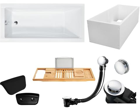 BADLAND Premium Set 6in1 Badewanne Rechteck Acryl Weiß Wanne MODERN 140x70 cm, Made in EU + Wannenträger + Bambus Badewannenablage + Nackenkissen, Moderne Design, mit Ablaufgarnitur und Füßen