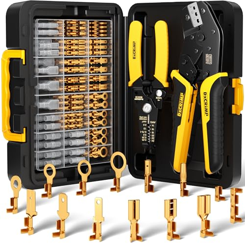 DxCRIMP Kit de Pinces à Sertir avec 14 Sortes de Connecteurs Bêche Mâles et Femelles, Compatible Câbles 0,25–2,5 mm², Outil à Cliquet pour Cosses de Fils Électriques, Sertissage Précis et Fiable