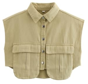 Perbai Camisa corta con botones para mujer, cuello sin mangas, holgada, de mezclilla, con bolsillos
