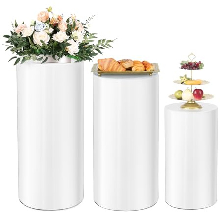 Set of 3 White Cylinder Stands - Round Plinth Pillars for Cake and Flower Display for Weddings, Birthdays, Baby Showers, Halloween, and Christmas Events White