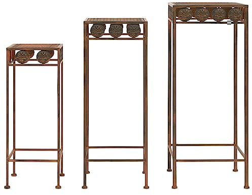 SDWEHO7 Pflanzenständer 3er Set für Innen Außenbereich, Blumenständer mit rostfarbenen Oberfläche und dekorativen Details, Blumentopfständer, Vintage-Stil, Metall Rostfarben