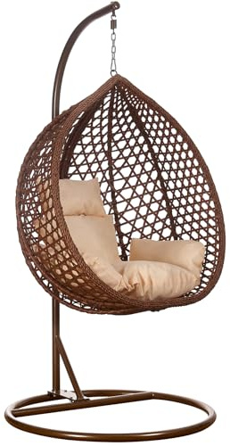 RAMROXX Luxus Hängesessel Style XXL Rattan Korb und Gestell Braun mit Relaxkissen Beige