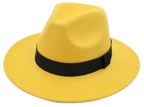 Fedora-Hut für Damen, klassisch, schwarzes Band, Jazz-Filzhut für Herren, Retro, Kirche, flache breite Krempe, Kleid, Hut, Gelb, 17 L (59–62 cm, Erwachsene), Gelb 17, Einheitsgröße