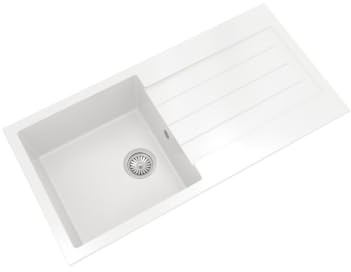 Balterley Composite Kitchen Sink with Drainer & Overflow Hole, 100cm Bowl Inset White Kitchen Sink, Double Bowl Reversible Composite Sinks with Grooved Drainer - 1000 x 500 x 200mm (White)