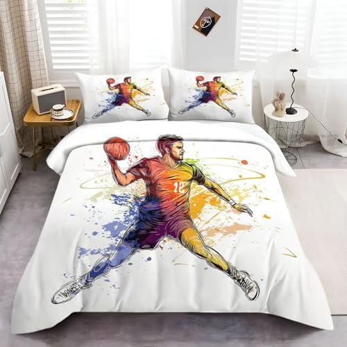 Generisch Bettwäsche Aquarell Sport Handball Set weicher Personalisierte dreiteiliges mit Reißverschluss Mikrofaser Bettbezug 135 x 200 cm 2 Kissenbezüge 80x80 cm Bunt passend für Vier Jahreszeiten