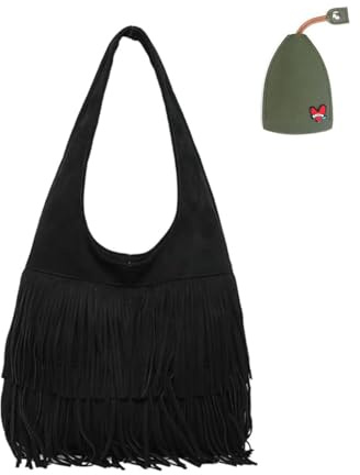 RICOKJRDE Women's Fringe Suede Hobo Bag with Tassel, Crossbody Bag with Tassel Boho Purse, Large Capacity Shoulder Bag for Work and Leisure (Black)