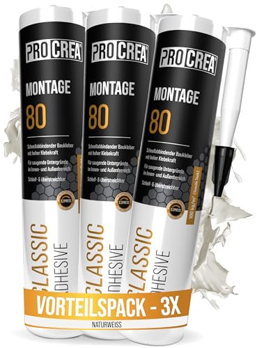 PROCREA® 3x Montagekleber Montage 80 [Extra stark bis 100 kg/qm] Schnellhärtender weißer Baukleber für Styropor, Akustikpaneele, Sockelleisten, Holz, Stein, Fliesen uvm. - schleif- & überstreichbar