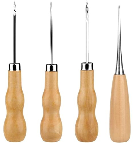 4 Pieces Wooden Handle Awl, Gourd Shape Awl, Tailors Awl, Wood Handle Scratch Awl, Sewing Awl, Punch Leather DIY Hand Sewing Tool, for Cutting Sewing Craft,Awl Tool
