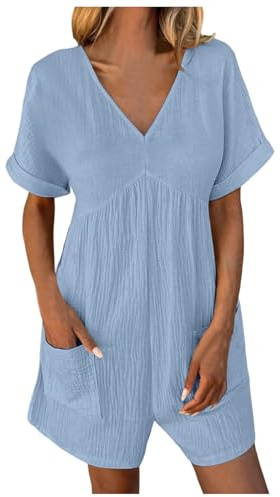 Short Dungarees for Women UK Shorts Jumpsuit Women's Summer Beach Rompers Casual Overalls with Pockets Womens V Neck Wide Leg Playsuit Dungarees Boho All in One Onesies Blue,XL