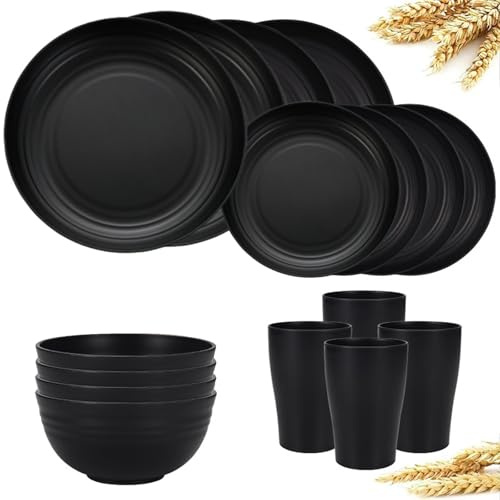 FENGZIZH Juego de vajilla de plástico de 16 piezas, juego de platos y cuencos irrompibles, apto para microondas y lavavajillas, vajilla reutilizable para camping, picnics y uso diario (negro)