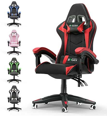 bigzzia Silla Gaming，Silla Ergonómica para Videojuegos, Silla Oficina, Silla Gaming con Cojín Lumbar y Reposacabezas, Regulable en Altura (Sin Reposapiés, Rojo)
