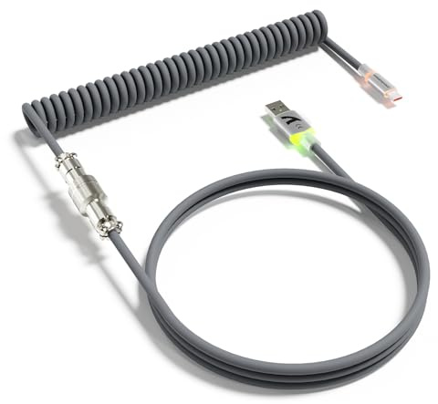 ATTACK SHARK C01 ULTRA Cable en espiral RGB personalizado para teclado gaming, Tipo C a USB A, TPU, cable para teclado mecánico de doble funda con conector Aviator desmontable - Gris