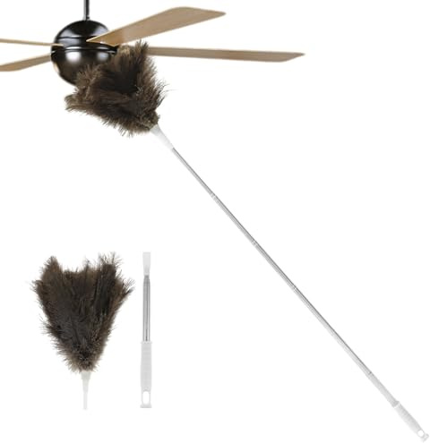 Plumeau avec plumes d'autruche, plumeau avec manche télescopique, lavable, antistatique, pour plafonds, fenêtres, stores et intérieurs de voiture (gris)