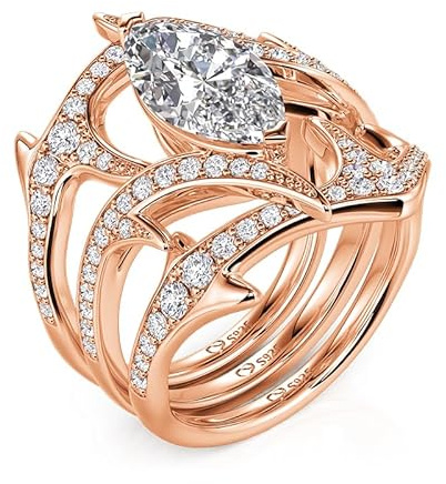 Jeulia x Leyla Ensemble de bagues pour femme en or rose Thornbush Bague empilable plaquée or imperméable avec pierre marquise Bague interchangeable pour femme