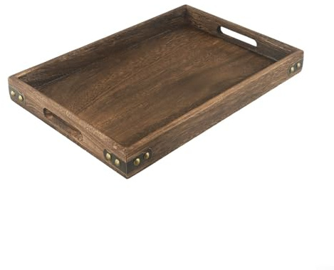 Plateau de service en bois massif avec poignée, élégant et rétro avec coins en fer pour petit déjeuner, collations, table basse, facile à nettoyer (M 36 x 23,5 x 4 cm)