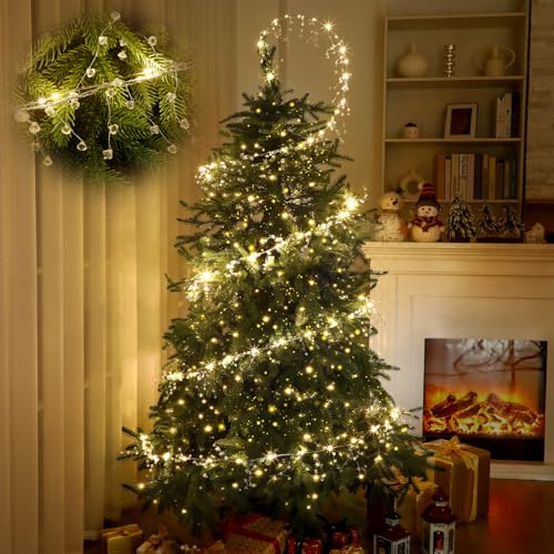 Glooglitter 12.2 m Weihnachtsbaum Kristall Girlande Dekorationen, 29.9 m 300 LED Lichterkette mit Kristalltropfenornamenten & Eisendraht, USB-betriebener funkelnder Weihnachtsbaumschmuck für Winter