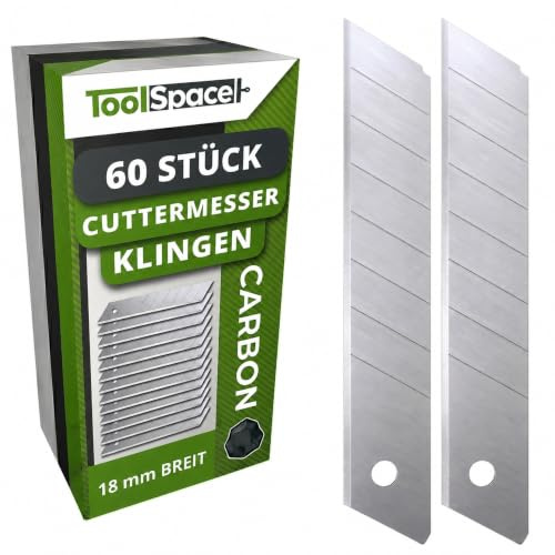 ToolSpace Cuttermesser Klingen 18mm - 60 Stück Ersatzklingen Abbrechklingen | Karbonstahl ULTRASCHARF für Cuttermesser Allzweckmesser Klappklingen Teppichmesser Stanley Messer Profi 0,4mm 7 Segmente