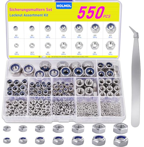HOLMOL 550PCS Nylock Nuts Assortment DIN985 & Hex Nuts DIN934, 9 Sizes Stainless Steel Hexagon Nut Assorted and Self Locking Nut Assortment for Bolts, Washers, Screws