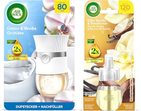 Air Wick Duftstecker Starter-Set Paket inklusive 1 Geräte & 1 x 13ml Cotton & Weiße Orchidee Nachfüller & 1 x Süße Vanille & Sheabutter 19ml Nachfüller
