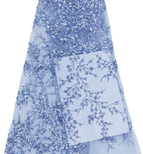 Vayliro 1 Yard Tüllstoff Breite 120 cm Tüllstoff mit Paillettenstickerei Zweigdesign Glitzer Spitze Stoff Dekostoffe Bestickte Stoffe Kleiderstoff für DIY Abendkleider Brautkleider,Blau