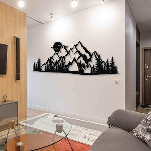 KAWA METALWORKS Berg- und Wald-Wandkunst mit Sonnenuntergang und Vögeln, extra große Naturlandschaft, Metall-Wandkunst, Hügel und Kiefern, Metallwandskulptur, einzigartige Wohnkultur, Geschenk